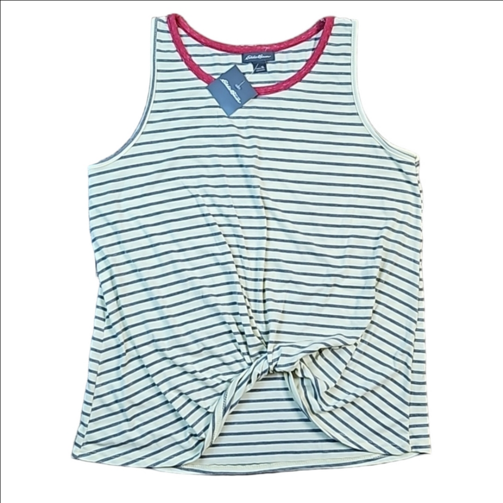 NWT Eddie Bauer Cotton Rayon Stretch Cream & Grey Stripe Front Knot Tank Top